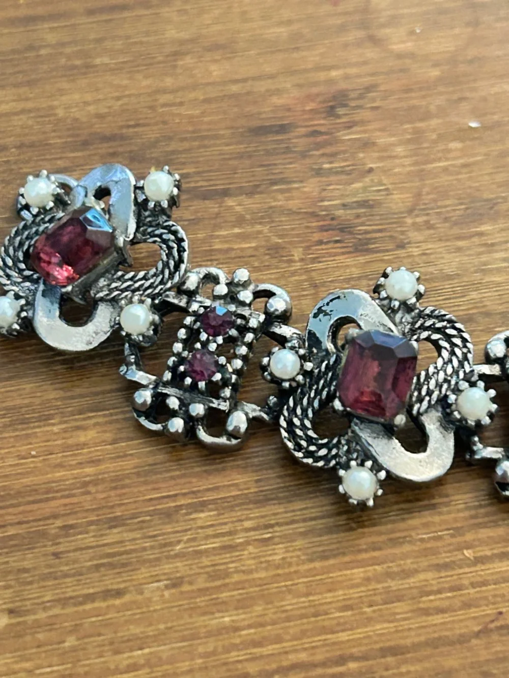 Vintage Silver Tone Purple Faceted Glass & Pearl Bracelet & Matching Earring Set